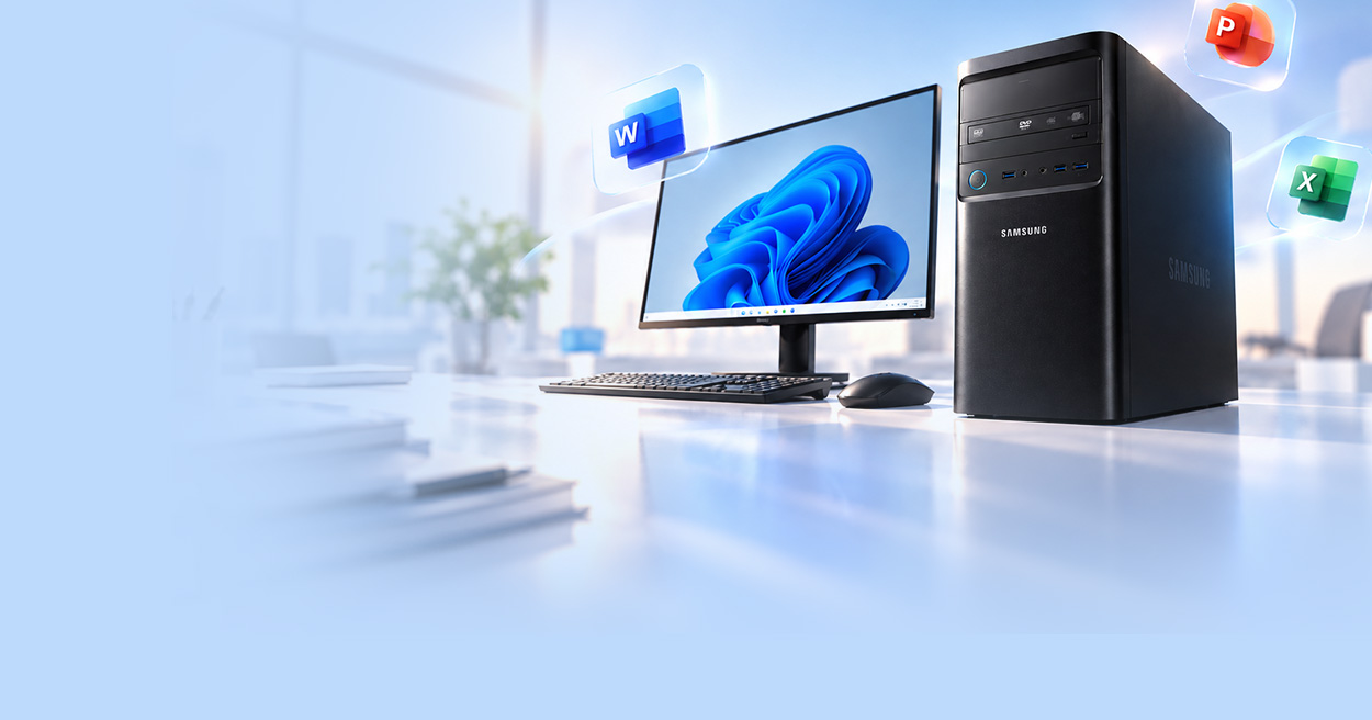 리뉴올PC 사무용 PC - 윈도우 11 화면이 켜진 모니터와 삼성 데스크톱 본체, 키보드·마우스로 구성된 사무용 컴퓨터 세트